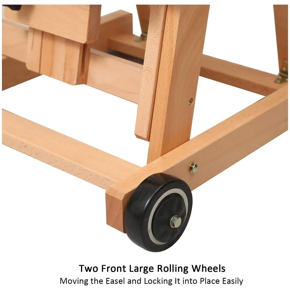 Studio Artist Wooden Easel - Large Adjustable H-Frame, Tilts Flat, Mast Adjusts to 97" High Holder Stand with Wheels