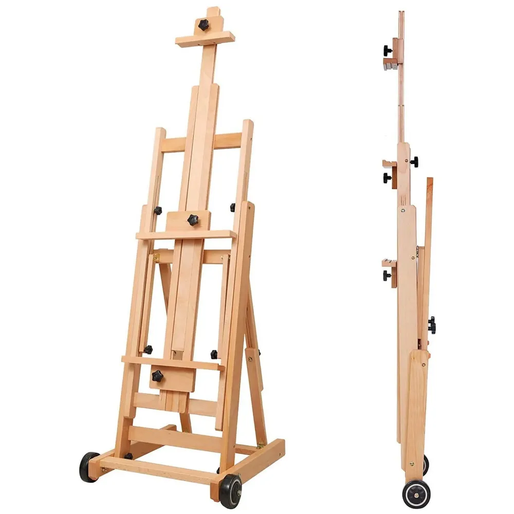 Studio Artist Wooden Easel - Large Adjustable H-Frame, Tilts Flat, Mast Adjusts to 97" High Holder Stand with Wheels