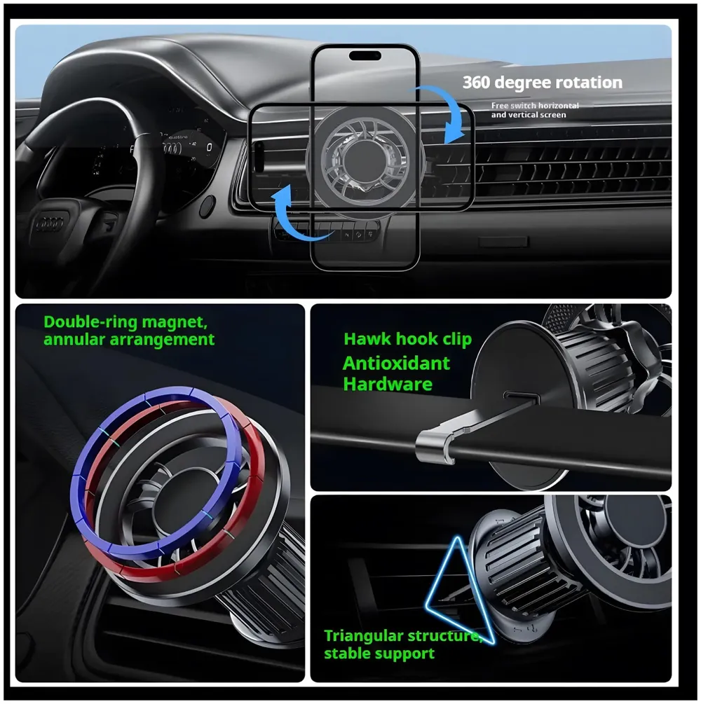 Magnetic Car Phone Mount Holder, Universal AC Vent Installation, 9cm x 6cm, with Strong Magnets and Metal Stickers, for All Mobile Phones - 6