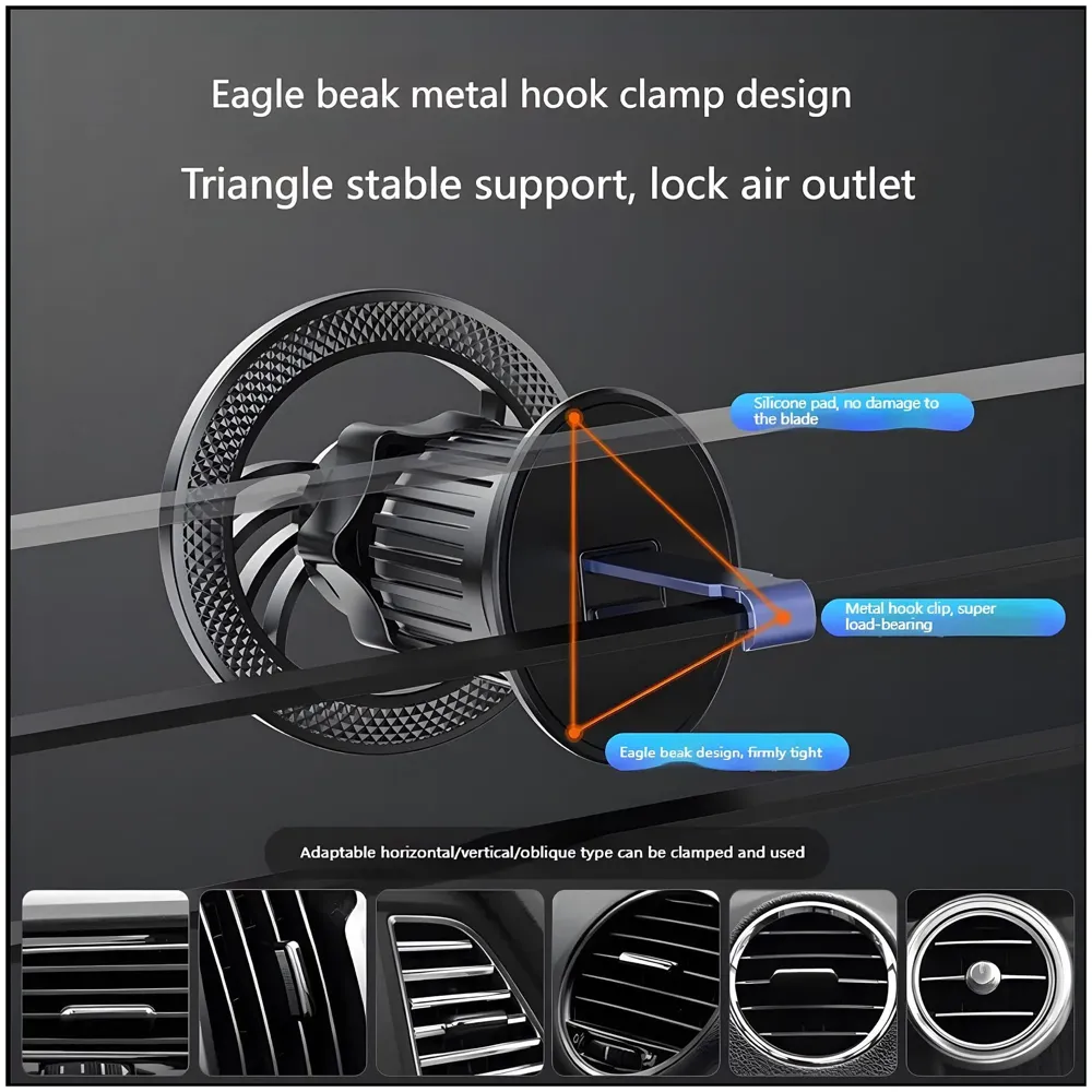 Magnetic Car Phone Mount Holder, Universal AC Vent Installation, 9cm x 6cm, with Strong Magnets and Metal Stickers, for All Mobile Phones