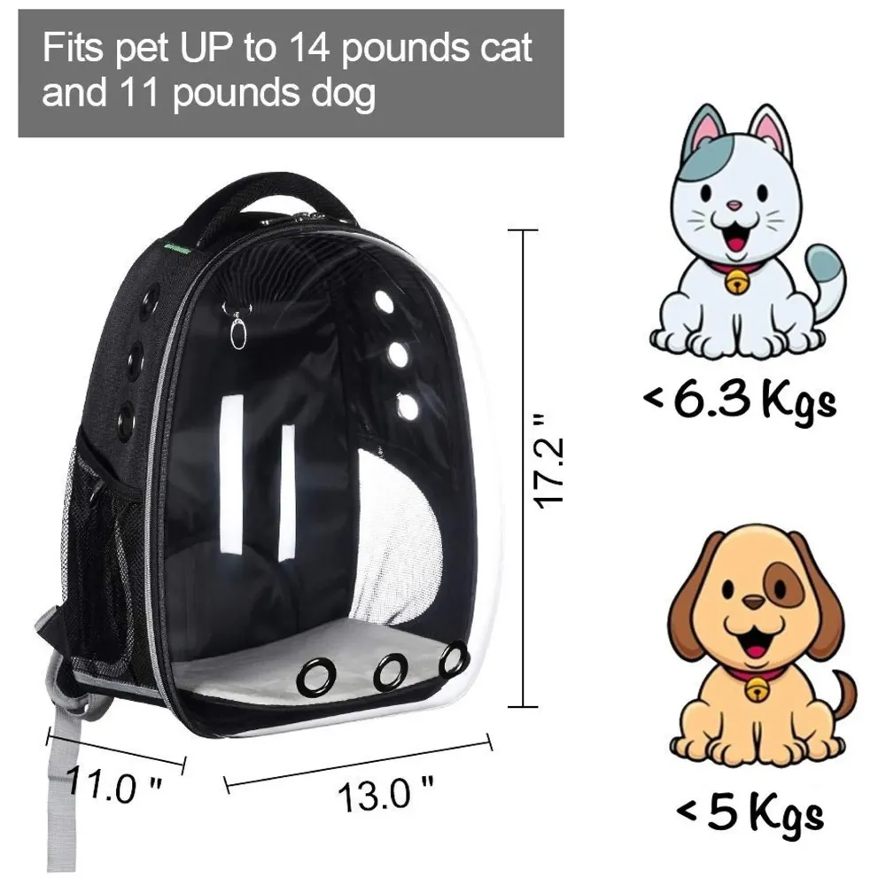 Creative Transparent Pet Backpack Carrier Breathable Capsule Traveller for Cats and Small Dogs. (Black)