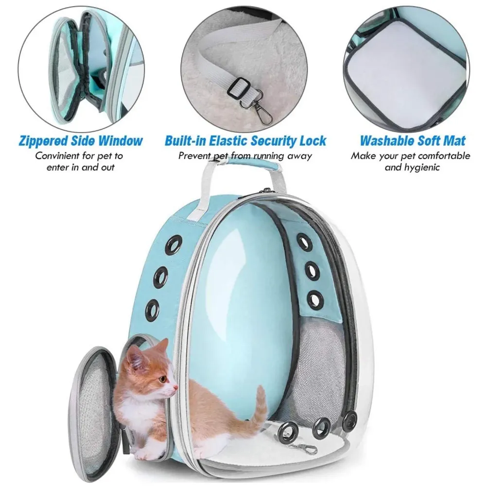Creative Transparent Pet Backpack Carrier Breathable Capsule Traveller for Cats and Small Dogs. (Cyan)