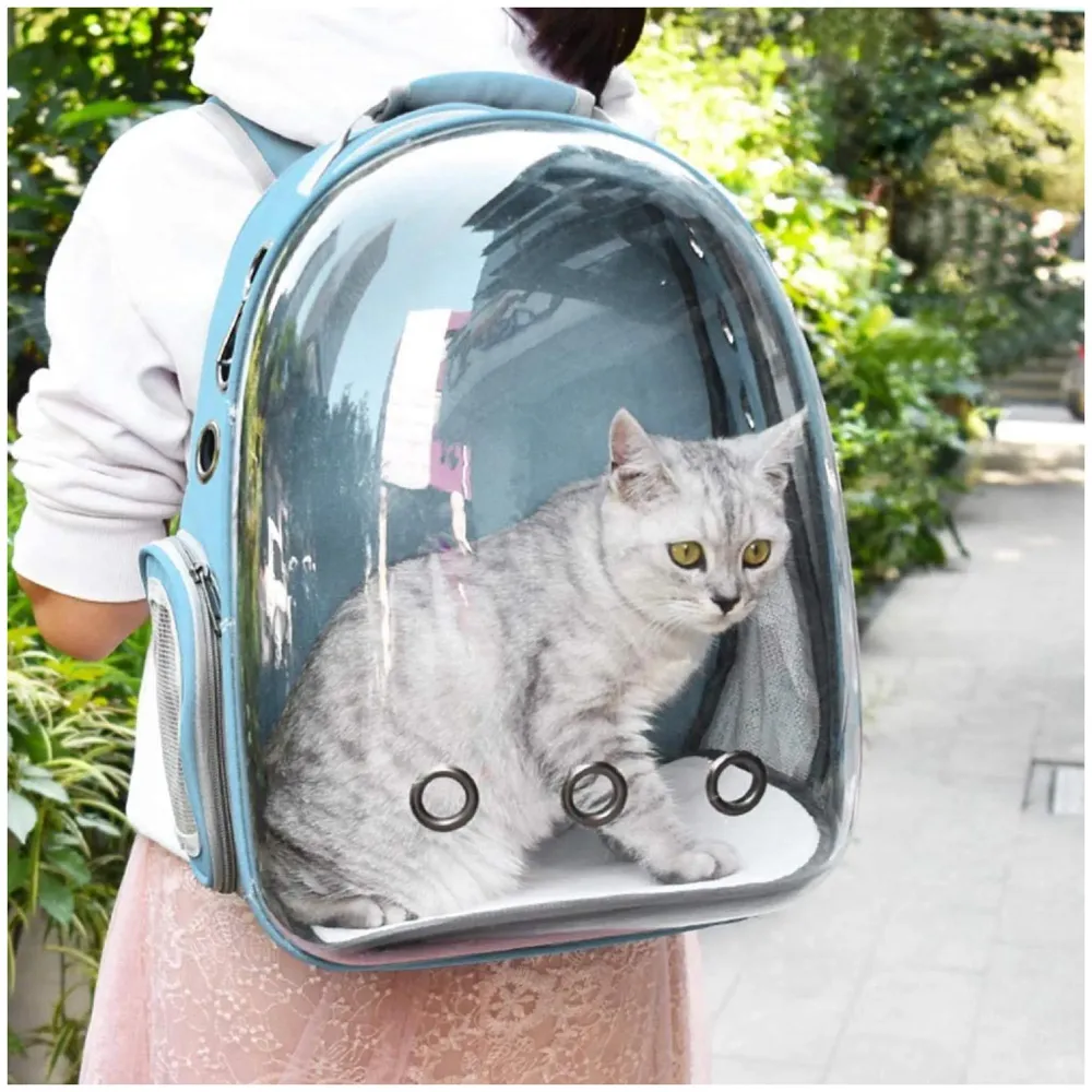 Creative Transparent Pet Backpack Carrier Breathable Capsule Traveller for Cats and Small Dogs. (Cyan)