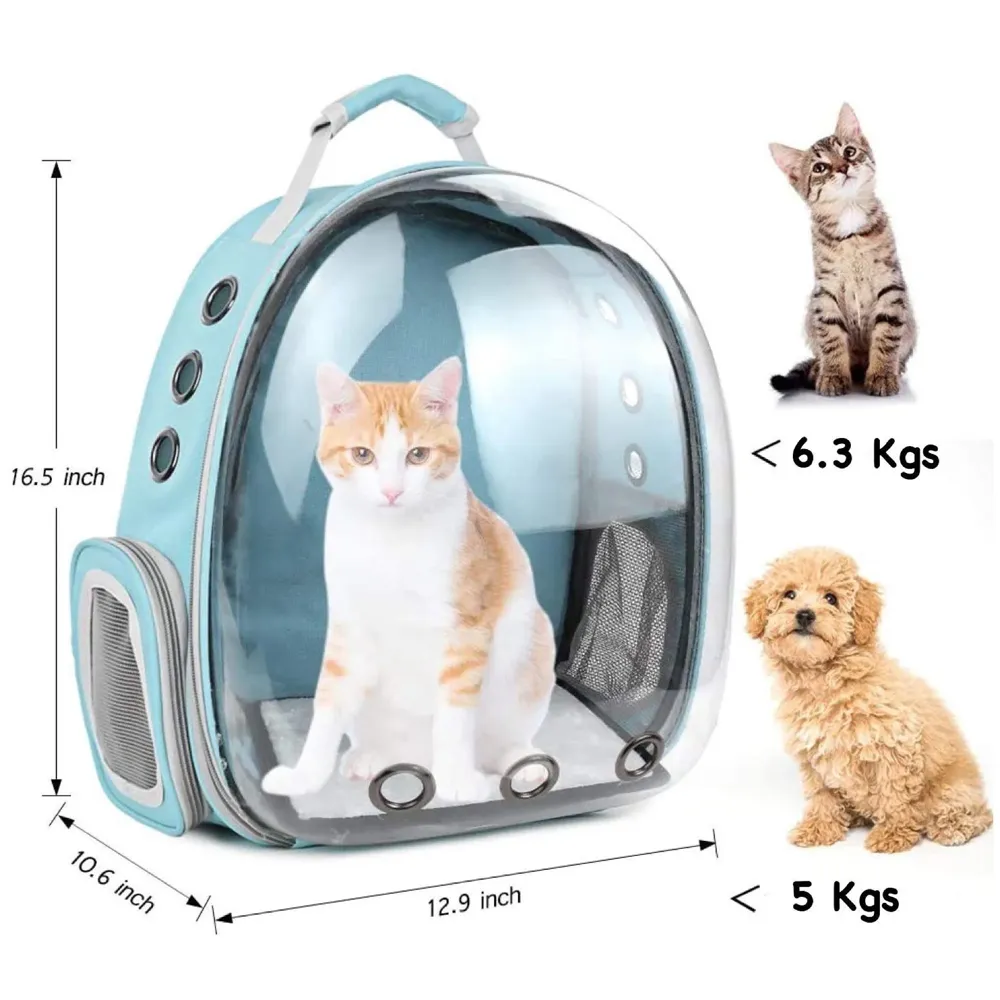 Creative Transparent Pet Backpack Carrier Breathable Capsule Traveller for Cats and Small Dogs. (Cyan)