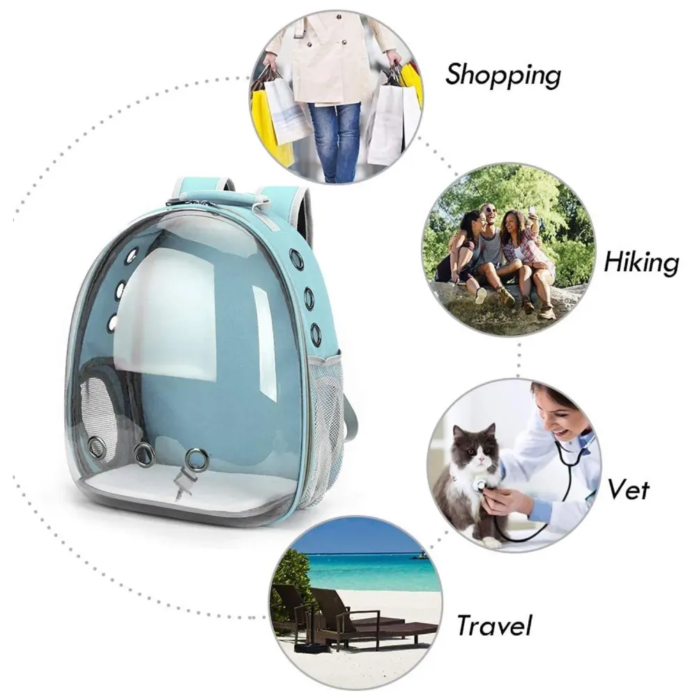 Creative Transparent Pet Backpack Carrier Breathable Capsule Traveller for Cats and Small Dogs. (Cyan)