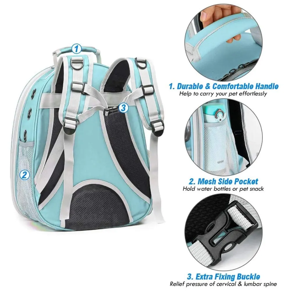 Creative Transparent Pet Backpack Carrier Breathable Capsule Traveller for Cats and Small Dogs. (Cyan)