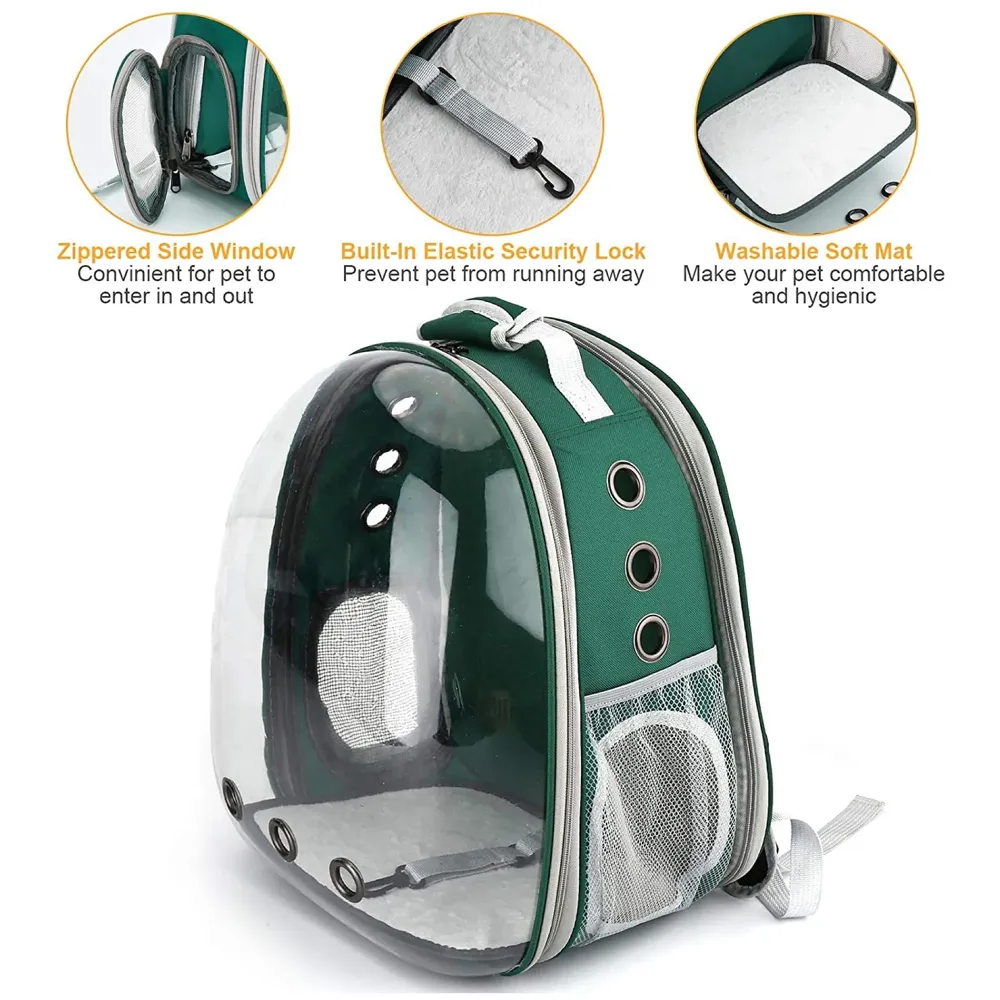 Transparent Pet Backpack Carrier Breathable Capsule Traveller for Cats and Small Dogs Green