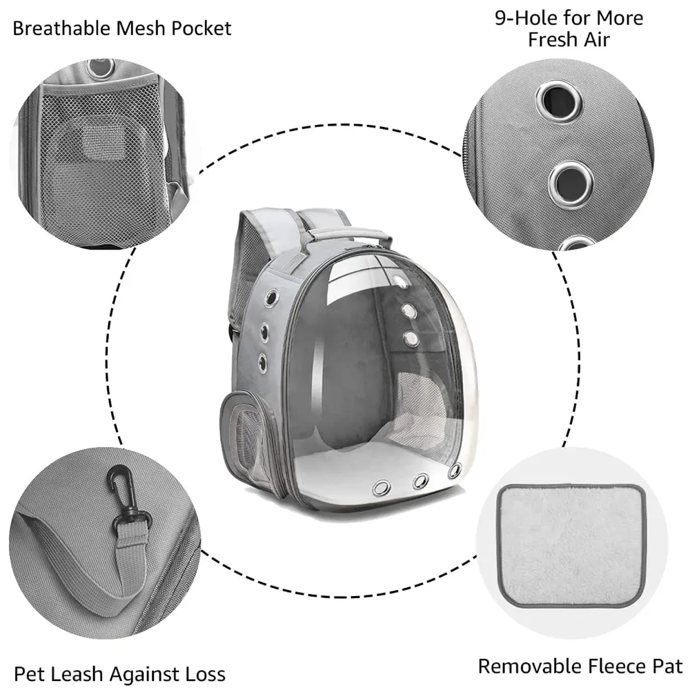 Grey Transparent Pet Backpack Carrier Breathable Capsule Traveller for Cats and Small Dogs.