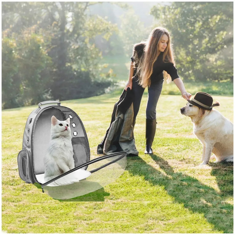 Grey Transparent Pet Backpack Carrier Breathable Capsule Traveller for Cats and Small Dogs.
