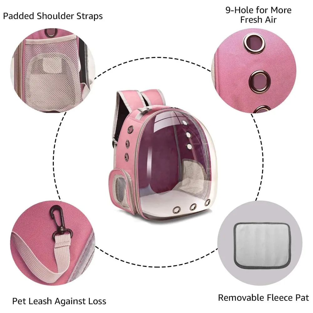 Transparent Pet Backpack Carrier Breathable Capsule Traveller for Cats and Small Dogs. Pink