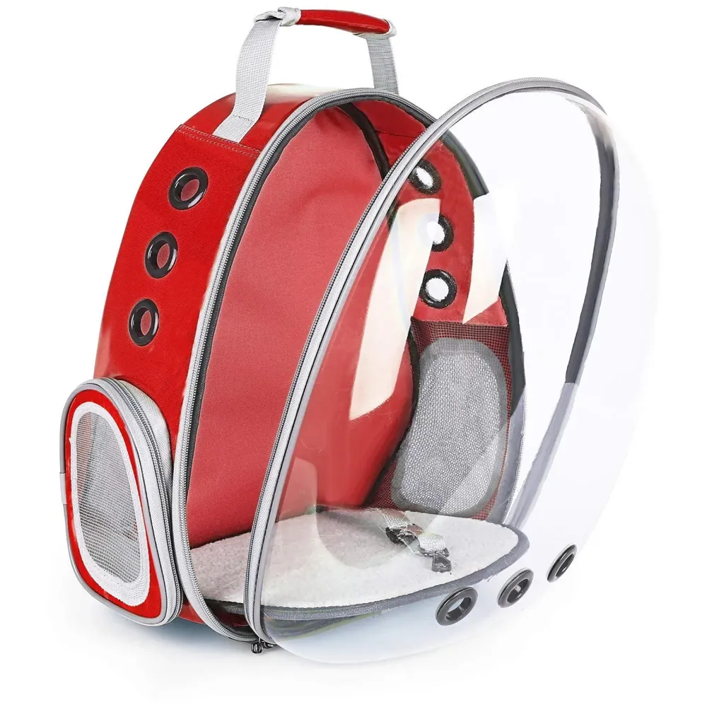 Creative Transparent Pet Backpack Carrier Breathable Capsule Traveller for Cats and Small Dogs. (Red)