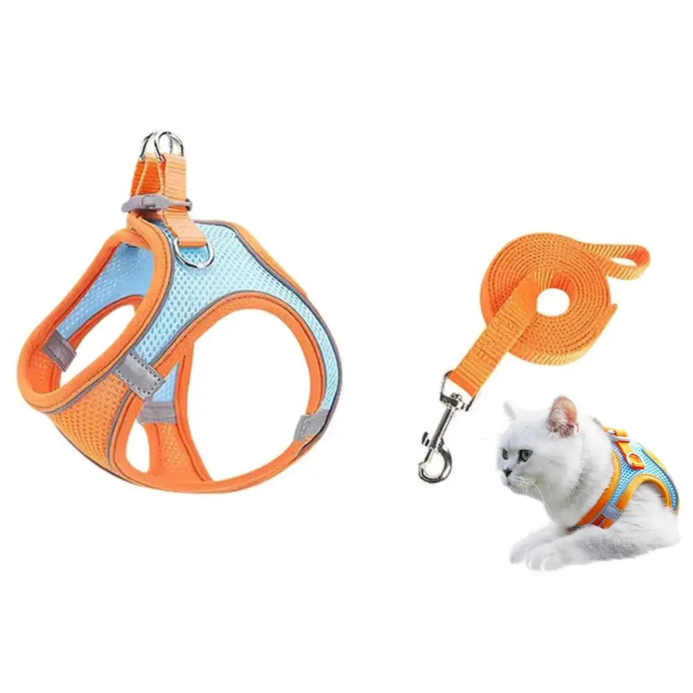 Cat Harness with Leash Adjustable Comfortable Faux Suede Vest Harness with reflectors cat Vest for Walking with Leash 150 cm Length (S, Orange Green)