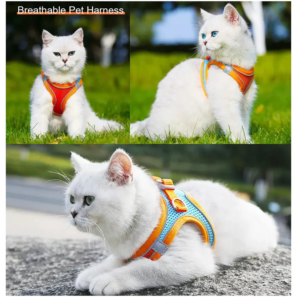 Cat Harness with Leash Adjustable Comfortable Faux Suede Vest Harness with reflectors cat Vest for Walking with Leash 150 cm Length (S, Orange Green)