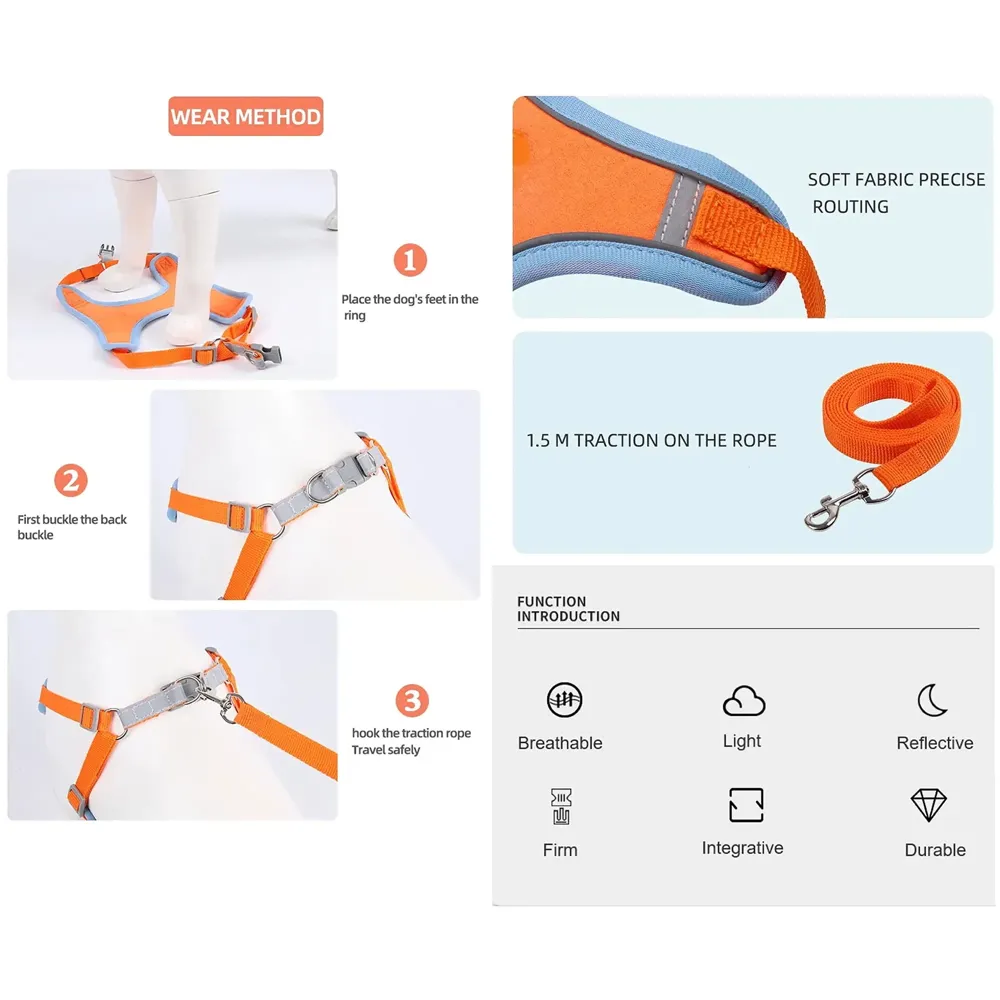 Cat Harness with Leash Adjustable Comfortable Faux Suede Vest Harness with reflectors cat Vest for Walking with Leash 150 cm Length (M, Orange Green) - 4