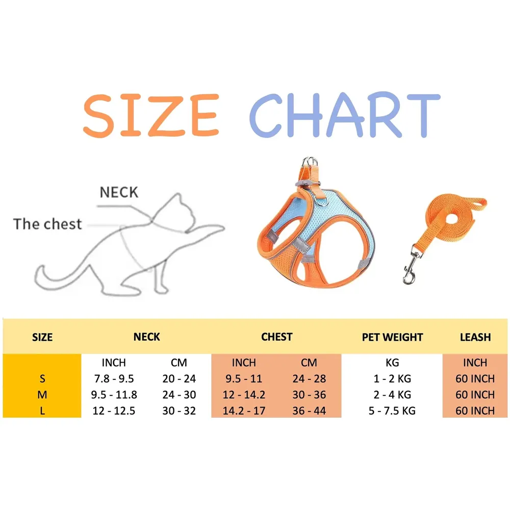 Cat Harness with Leash Adjustable Comfortable Faux Suede Vest Harness with reflectors cat Vest for Walking with Leash 150 cm Length (M, Orange Green)