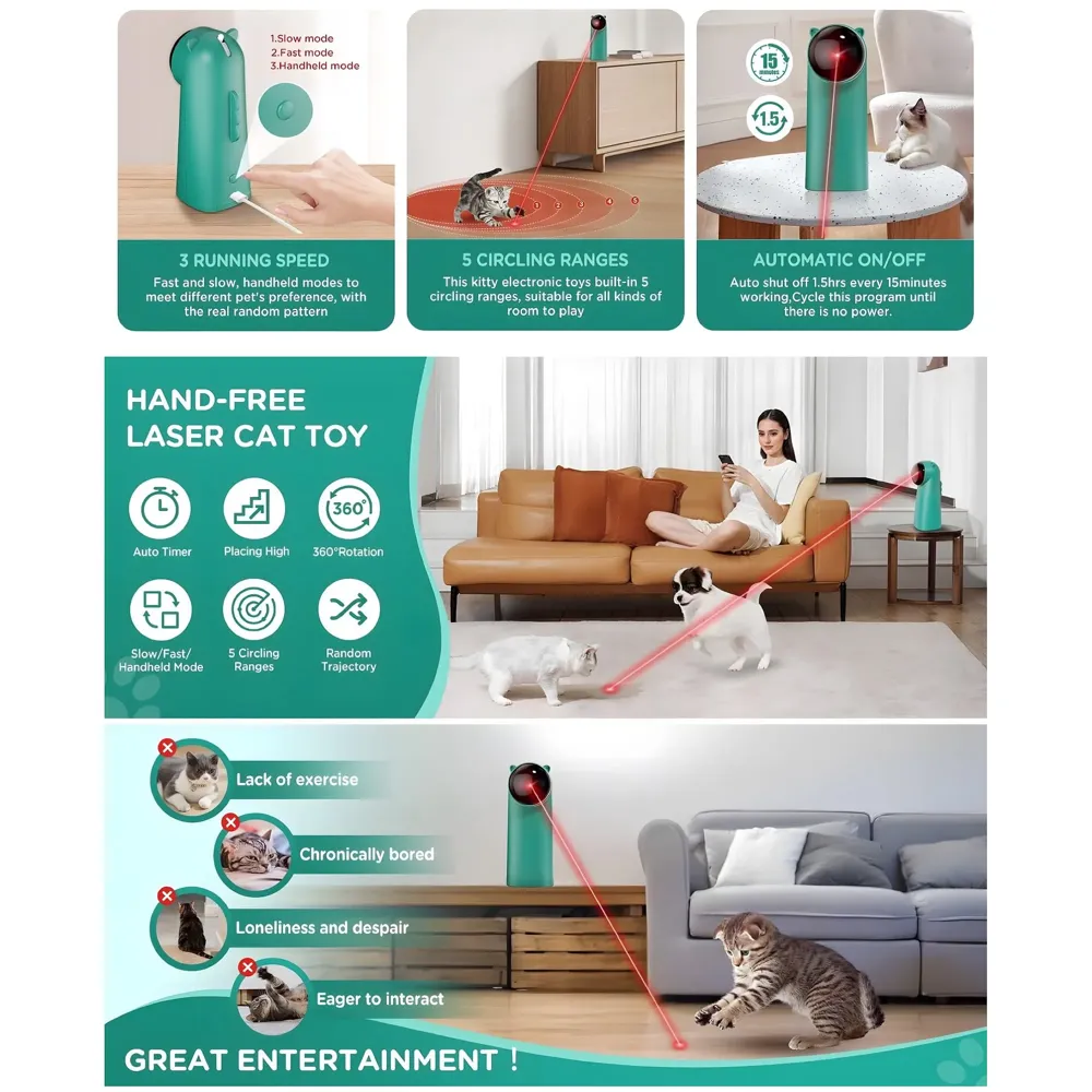 Automatic Pet Laser Toy, Interactive Laser Cat Toys Rotating Catch Training, Placing High, 5 Random Pattern, Automatic On Off and Silent, 3 Speed Modes for Cats and Dogs.