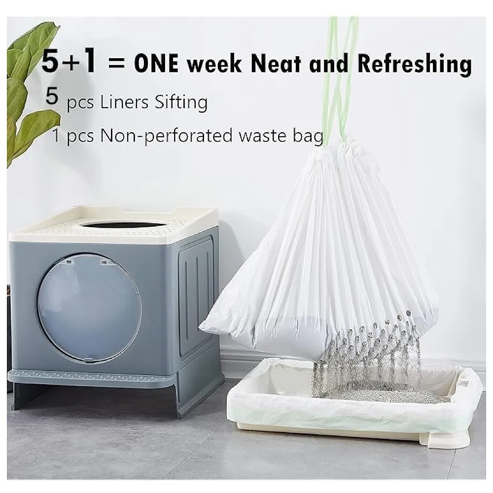 Cat Litter Box Liners with Drawstring, Litter Pan Disposable Bags, 2 Mil Thickened Cat Litter Sifting Liners, Weekly 6 Pack Large Litter Bags for Easy Cleaning Perforated. (Small 80 x 33 Cm)