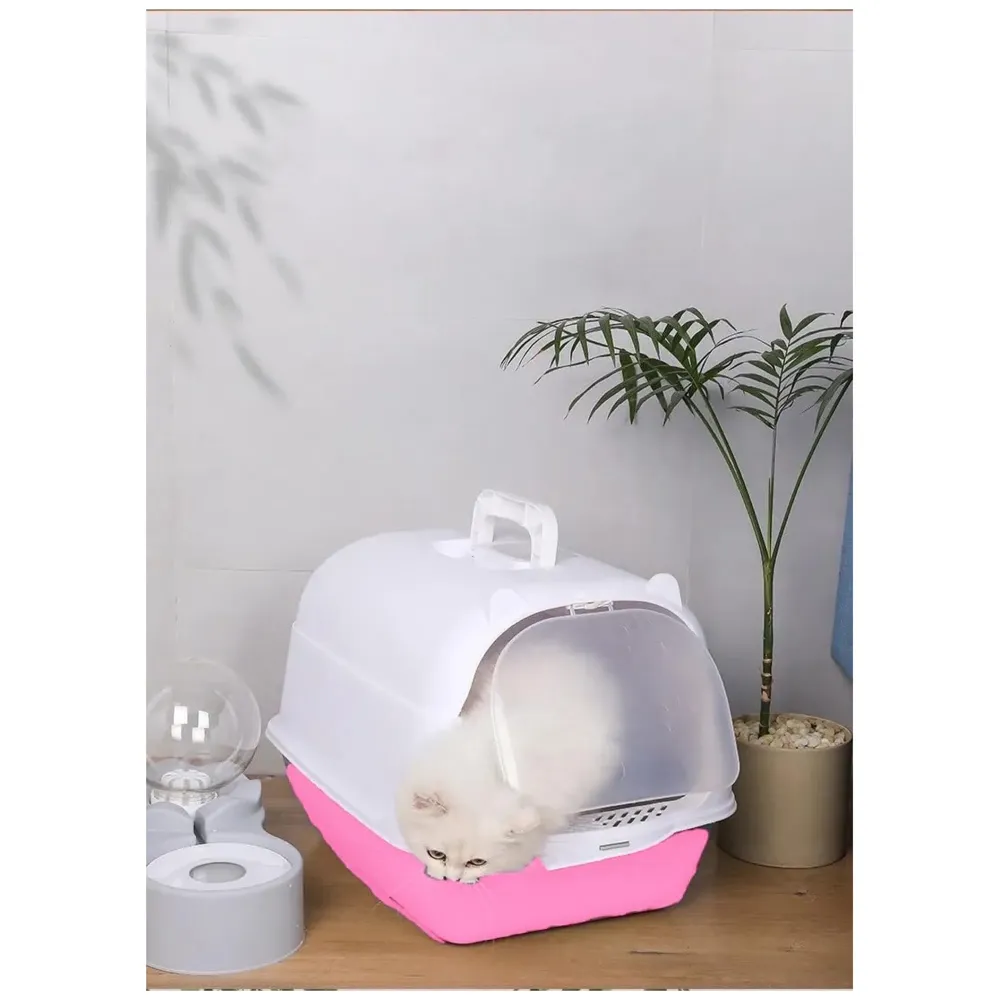 Pink Cat Litter Box Cat Litter Tray with Dome and Scoop with Foul Smell Absorber 18 x14 x14 Inch (45x35x35Cm)