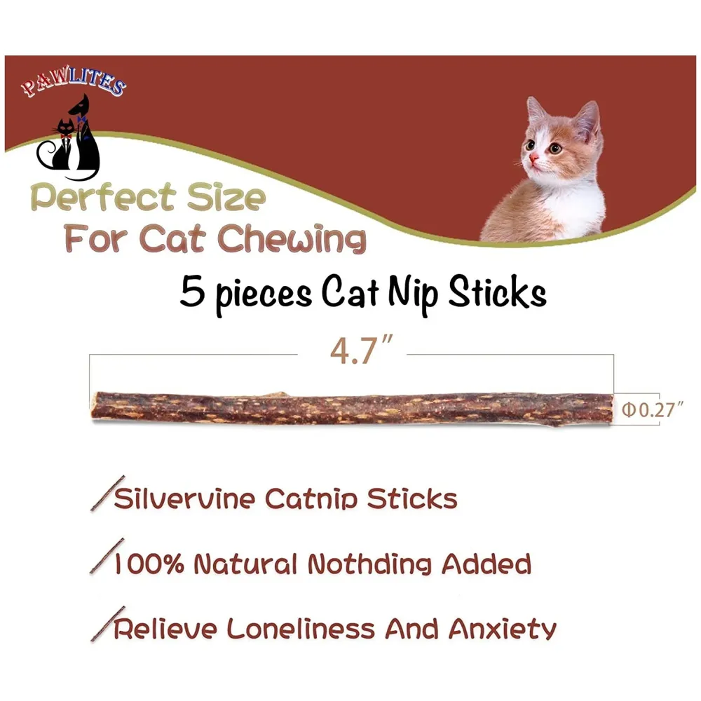 Catnip Sticks 5 Pcs Kitten Cat Toys Silvervine Sticks Kitty Wooden Stick Teething Toys Molar Suitable for Cats of All Ages Chew Toys (5 Sticks - 5 Inch)