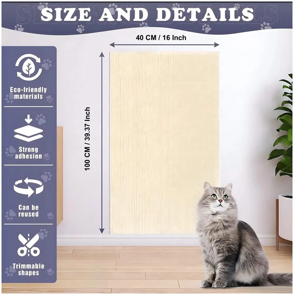 Cat Scratcher Sofa Protector Cats Scratcher Pad Board Protection Cuttable Self-Adhesive Carpet DIY Cat Scratch Mat for Wall, Cabinet, Couch, Floor (40x100cm) Khaki Colour - 3