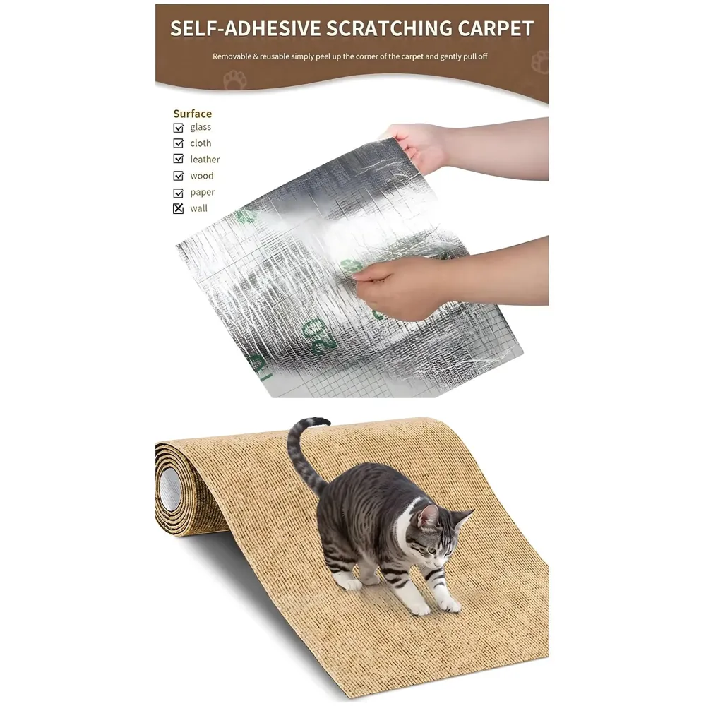 Cat Scratcher Sofa Protector Cats Scratcher Pad Board Protection Cuttable Self-Adhesive Carpet DIY Cat Scratch Mat for Wall, Cabinet, Couch, Floor (40x100cm) Khaki Colour - 7