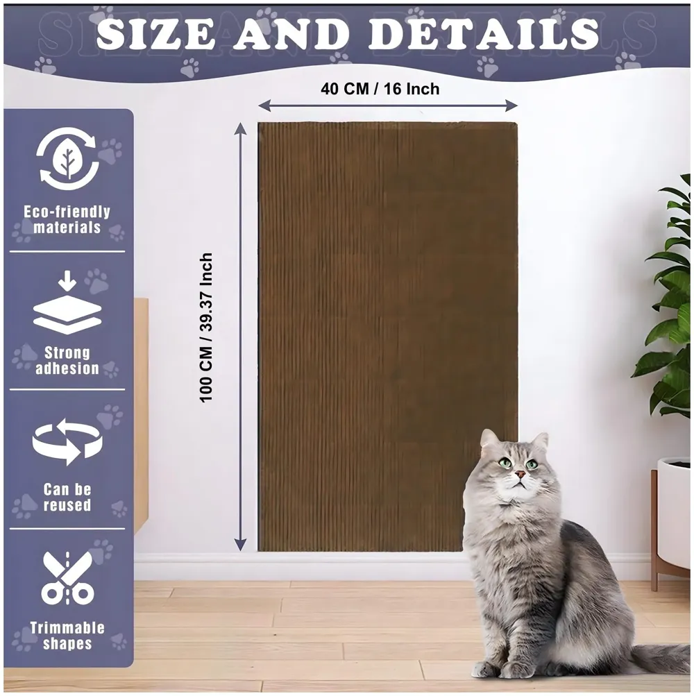 Cat Scratcher Sofa Protector Cats Scratcher Pad Board Protection Cuttable Self-Adhesive Carpet DIY Cat Scratch Mat for Wall, Cabinet, Couch, Floor (40x100cm) Dark Brown Colour