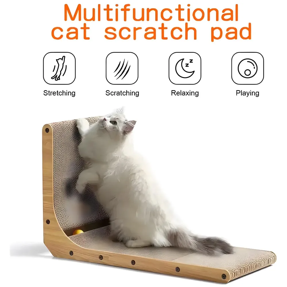 L-Shape Cat Scratcher, 26.8 Inch Cardboard Scratch Post for Indoor Cats, Large L-Shaped Scratch Pad with Built-in Ball Toy to Protect Furniture and Keep Cats Entertained - 4