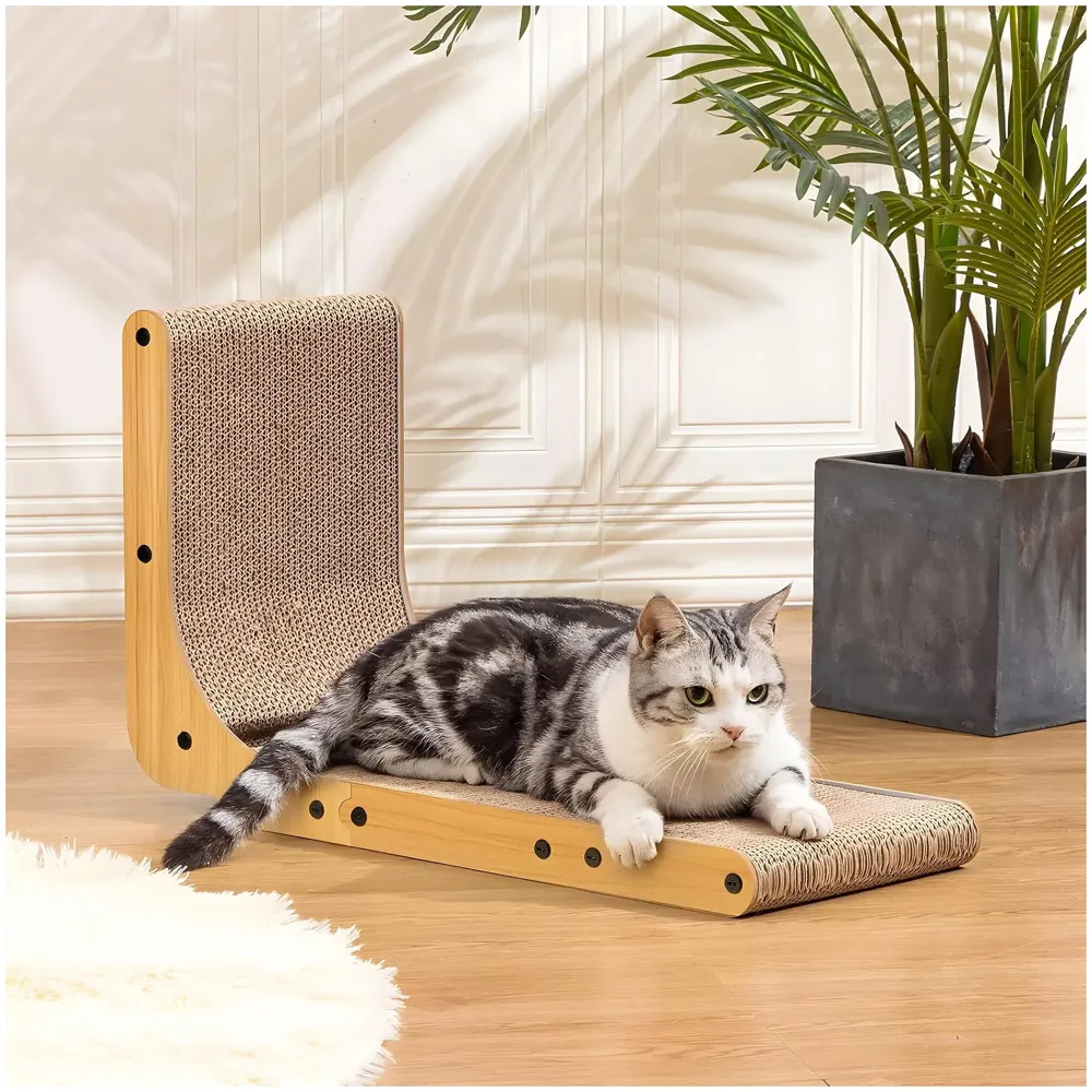 L-Shape Cat Scratcher, 26.8 Inch Cardboard Scratch Post for Indoor Cats, Large L-Shaped Scratch Pad with Built-in Ball Toy to Protect Furniture and Keep Cats Entertained - 7