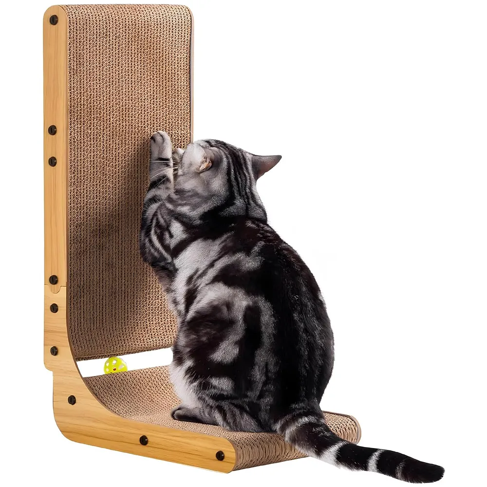 L-Shape Cat Scratcher, 26.8 Inch Cardboard Scratch Post for Indoor Cats, Large L-Shaped Scratch Pad with Built-in Ball Toy to Protect Furniture and Keep Cats Entertained