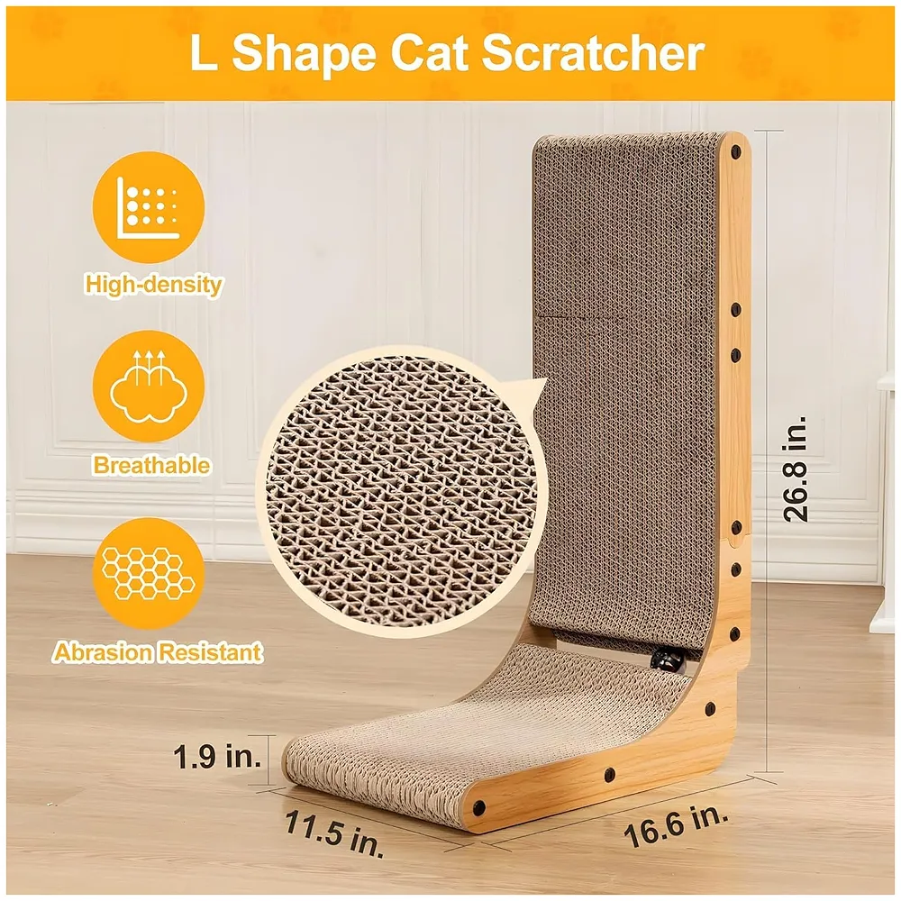 L-Shape Cat Scratcher, 26.8 Inch Cardboard Scratch Post for Indoor Cats, Large L-Shaped Scratch Pad with Built-in Ball Toy to Protect Furniture and Keep Cats Entertained