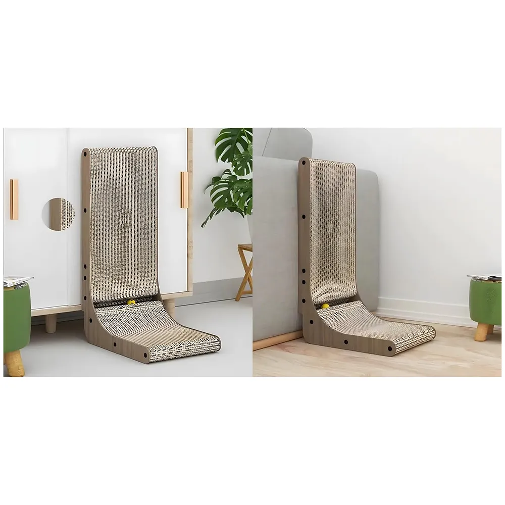 L-Shape Cat Scratcher, 26.8 Inch Cardboard Scratch Post for Indoor Cats, Large L-Shaped Scratch Pad with Built-in Ball Toy to Protect Furniture and Keep Cats Entertained