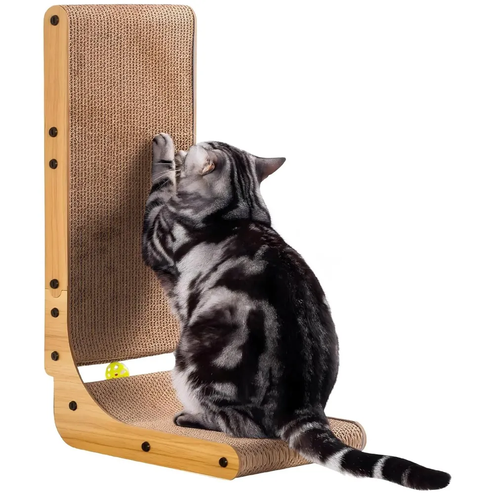 L-Shape Cat Scratcher, 26.8 Inch Cardboard Scratch Post for Indoor Cats, Large L-Shaped Scratch Pad with Built-in Ball Toy to Protect Furniture and Keep Cats Entertained