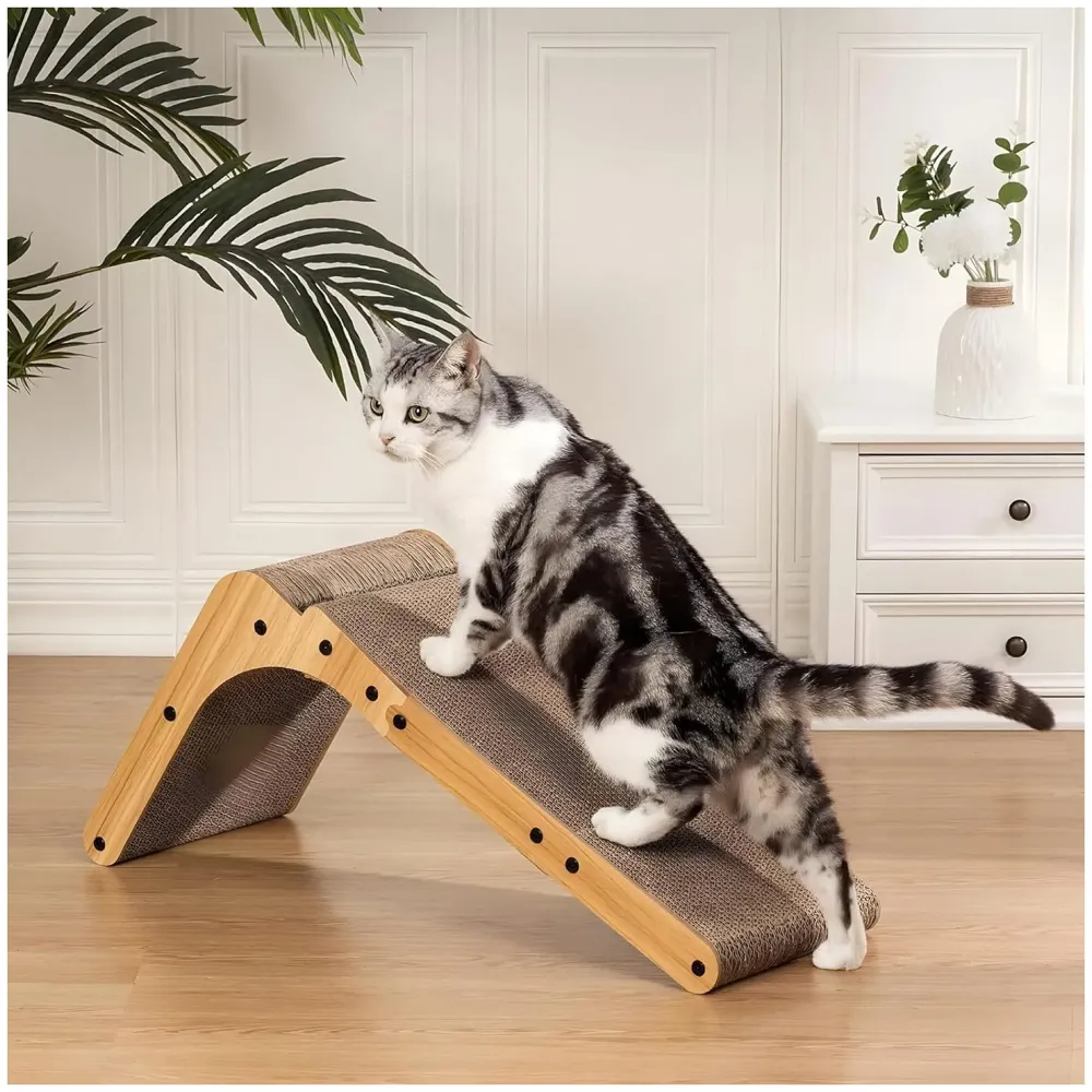 L-Shape Cat Scratcher, 26.8 Inch Cardboard Scratch Post for Indoor Cats, Large L-Shaped Scratch Pad with Built-in Ball Toy to Protect Furniture and Keep Cats Entertained