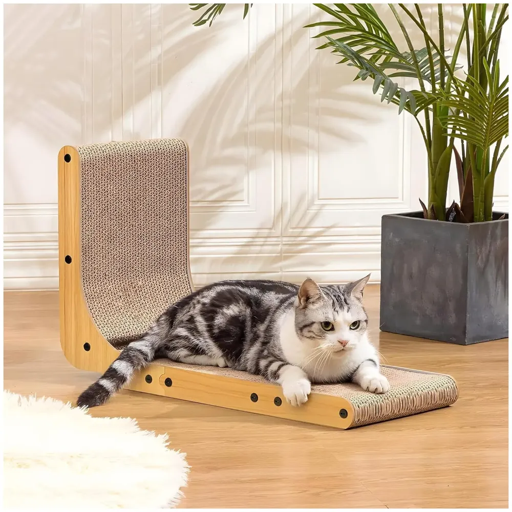 L-Shape Cat Scratcher, 26.8 Inch Cardboard Scratch Post for Indoor Cats, Large L-Shaped Scratch Pad with Built-in Ball Toy to Protect Furniture and Keep Cats Entertained