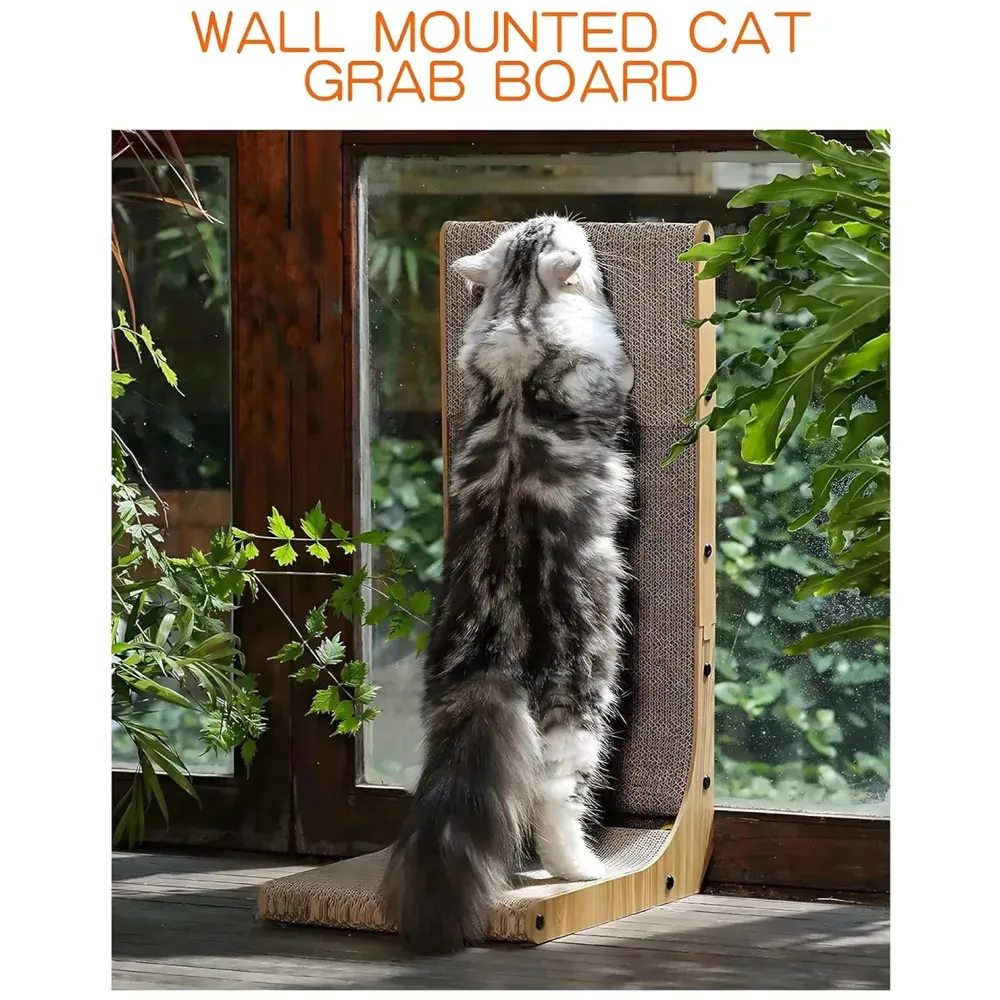 L-Shape Cat Scratcher, 26.8 Inch Cardboard Scratch Post for Indoor Cats, Large L-Shaped Scratch Pad with Built-in Ball Toy to Protect Furniture and Keep Cats Entertained