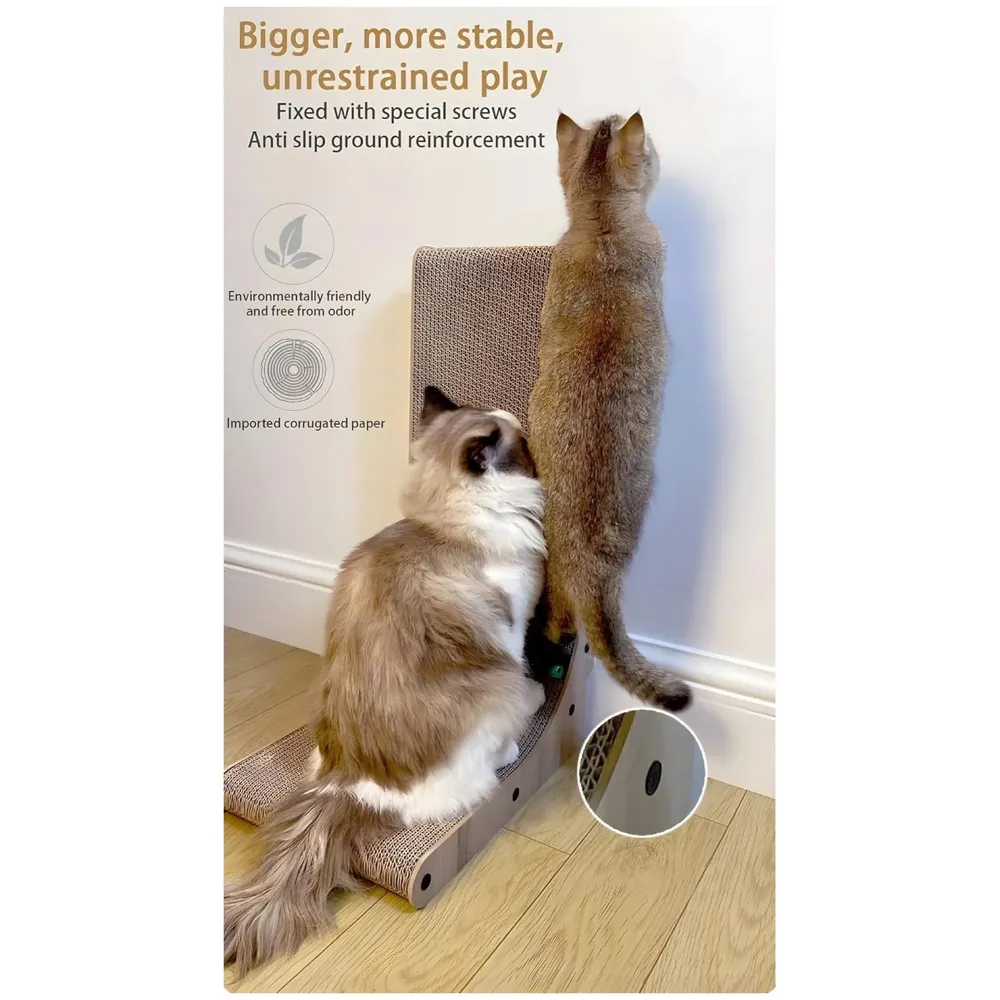 L-Shape Cat Scratcher, 26.8 Inch Cardboard Scratch Post for Indoor Cats, Large L-Shaped Scratch Pad with Built-in Ball Toy to Protect Furniture and Keep Cats Entertained