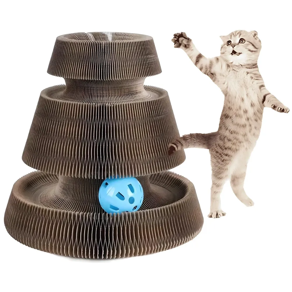 Cat Interactive 3 Level Toy Scratch Pad Toy Bell Ball, Scratching Cardboard for Indoor Kitten - Fun Mental Physical Exercise 18 x 14cm