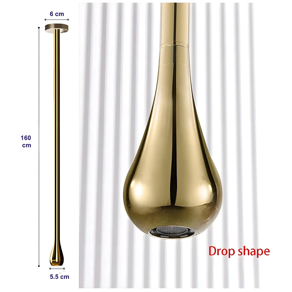 Gold Ceiling Faucet, Single Lever Basin Tap Mixer, Soft Aerated Water, Ceramic Cartridge, Hot and Cold Water, 160 cm Drop Down Length, Golden