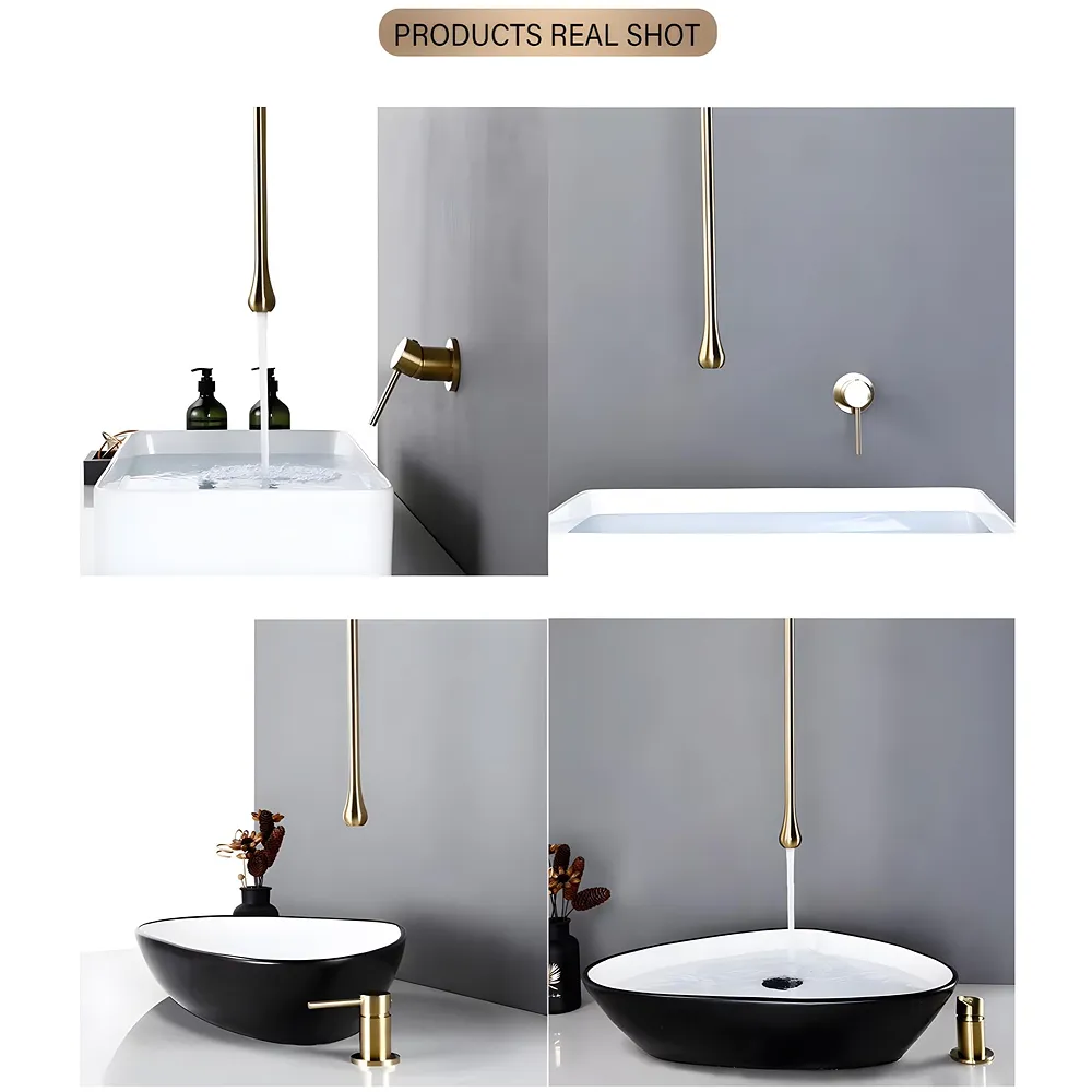 Gold Ceiling Faucet, Single Lever Basin Tap Mixer, Soft Aerated Water, Ceramic Cartridge, Hot and Cold Water, 160 cm Drop Down Length, Golden