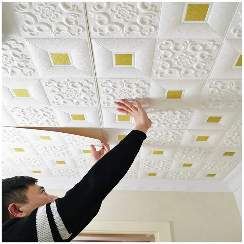 4 Pcs Foam Wall 3D Ceiling Wallpaper Tiles Panel Vinyl Stickers Self-Adhesive for Home, Living Room, Bedroom Wall Panels (70 X 70 Cm) (4, White and Gold)