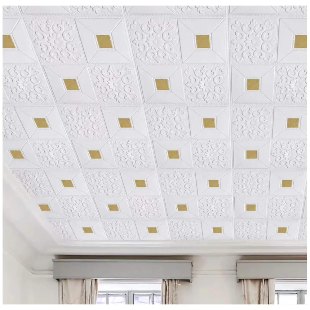 4 Pcs Foam Wall 3D Ceiling Wallpaper Tiles Panel Vinyl Stickers Self-Adhesive for Home, Living Room, Bedroom Wall Panels (70 X 70 Cm) (4, White and Gold) - 2
