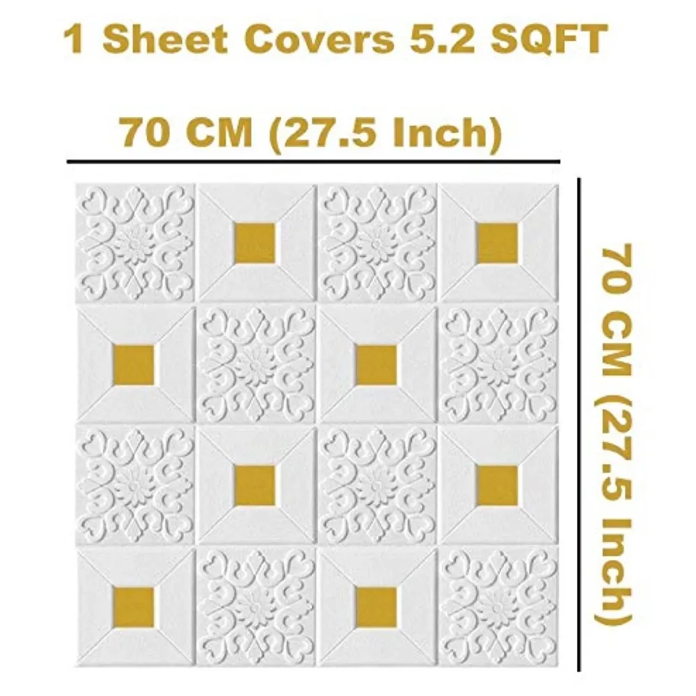 4 Pcs Foam Wall 3D Ceiling Wallpaper Tiles Panel Vinyl Stickers Self-Adhesive for Home, Living Room, Bedroom Wall Panels (70 X 70 Cm) (4, White and Gold) - 3