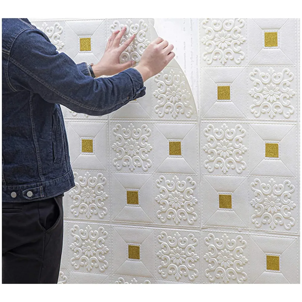 4 Pcs Foam Wall 3D Ceiling Wallpaper Tiles Panel Vinyl Stickers Self-Adhesive for Home, Living Room, Bedroom Wall Panels (70 X 70 Cm) (4, White and Gold) - 4