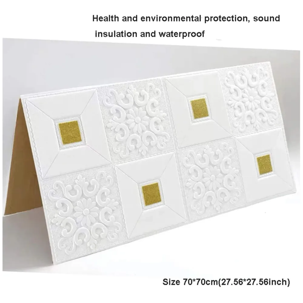4 Pcs Foam Wall 3D Ceiling Wallpaper Tiles Panel Vinyl Stickers Self-Adhesive for Home, Living Room, Bedroom Wall Panels (70 X 70 Cm) (4, White and Gold) - 7