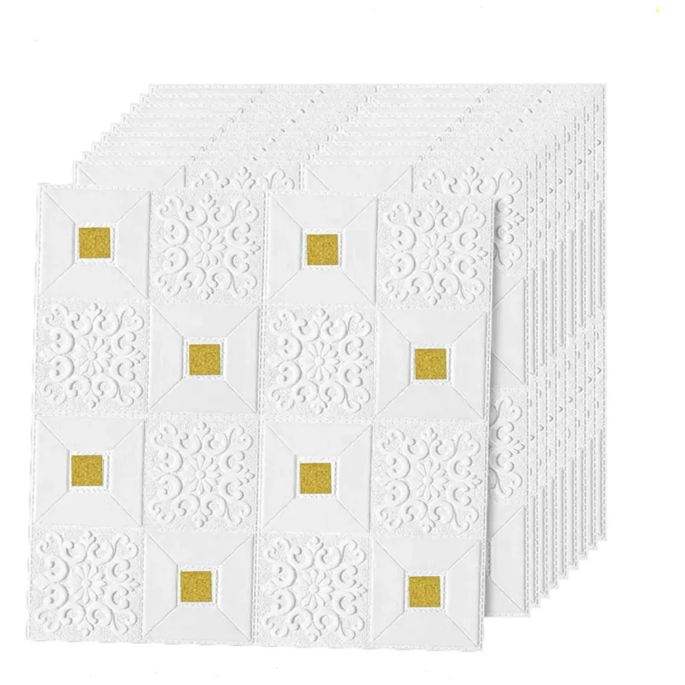 4 Pcs Foam Wall 3D Ceiling Wallpaper Tiles Panel Vinyl Stickers Self-Adhesive for Home, Living Room, Bedroom Wall Panels (70 X 70 Cm) (4, White and Gold) - 8