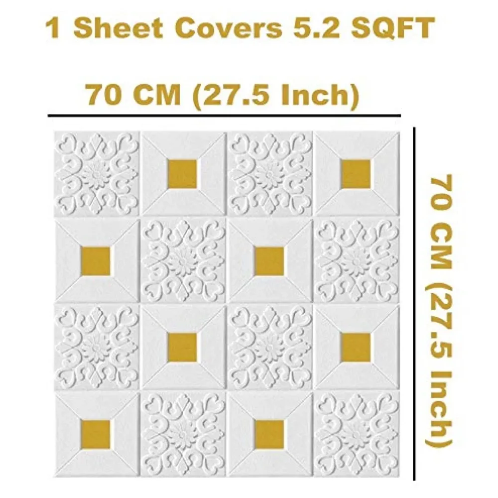 8 Pcs Foam Wall 3D Ceiling Wallpaper Tiles Panel Vinyl Stickers Self-Adhesive for Home, Living Room, Bedroom Wall Panels (70 X 70 Cm) (8, White and Gold) - 3