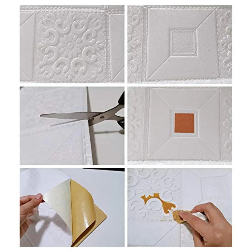 8 Pcs Foam Wall 3D Ceiling Wallpaper Tiles Panel Vinyl Stickers Self-Adhesive for Home, Living Room, Bedroom Wall Panels (70 X 70 Cm) (8, White and Gold) - 6