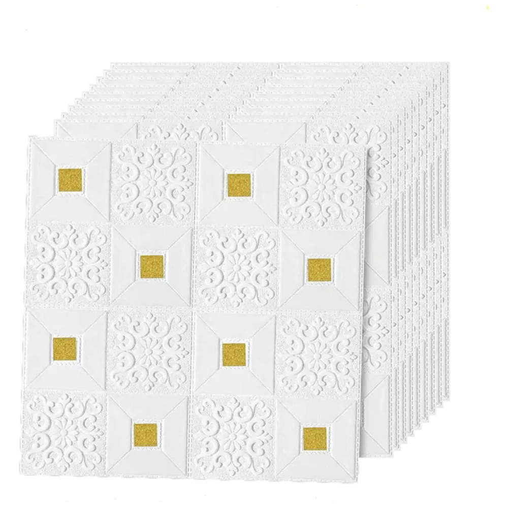 8 Pcs Foam Wall 3D Ceiling Wallpaper Tiles Panel Vinyl Stickers Self-Adhesive for Home, Living Room, Bedroom Wall Panels (70 X 70 Cm) (8, White and Gold) - 8