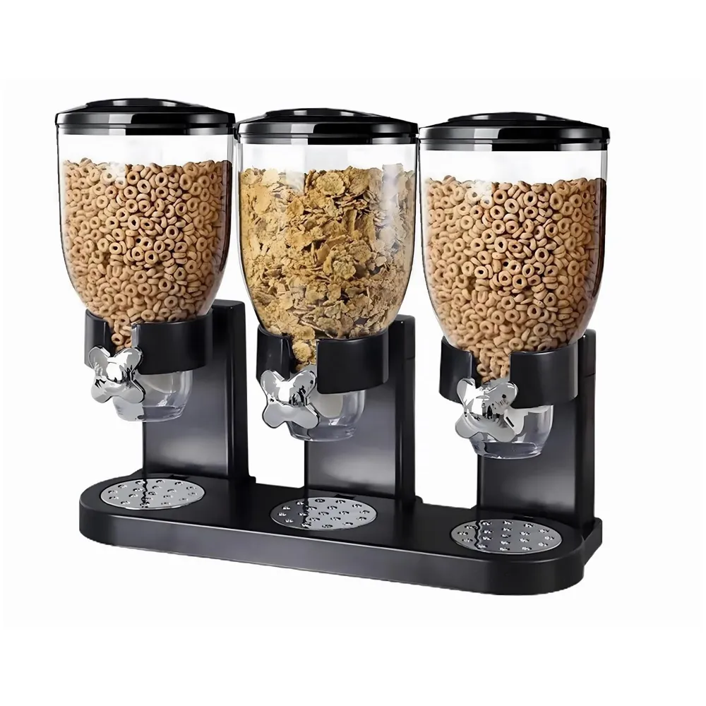 Triple Cereal Dispenser Airtight Kitchen Storage for Cornflakes/Cereal/Pulses/Beans/Oatmeal/Candy/Namkeen/Dry Food Container Food Dispenser, Black Triple Jar - 42 x 35 cm