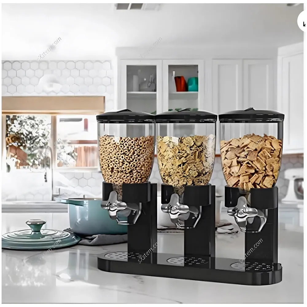 Triple Cereal Dispenser Airtight Kitchen Storage for Cornflakes/Cereal/Pulses/Beans/Oatmeal/Candy/Namkeen/Dry Food Container Food Dispenser, Black Triple Jar - 42 x 35 cm - 2